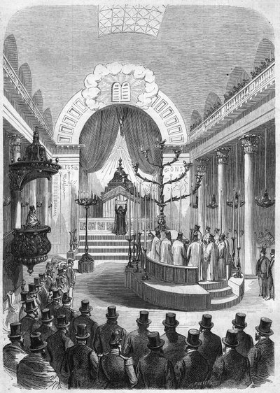 A bordeaux-i hadköteles főrabbi beiktatása a város zsinagógájában 1864-ben. Metszet Duffet úr vázlatáról. alkotó: French School