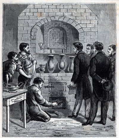 A pirométer felszerelése Alexandre Brongniart (1770-1847) francia tudós által a Sevres gyártásánál - Metszet a „Sciences mise à la gratete de tous – physics et chimie populaire” című könyvébe Alexis Clerc – 19. század vége. Magángyűjtemény. alkotó: French School