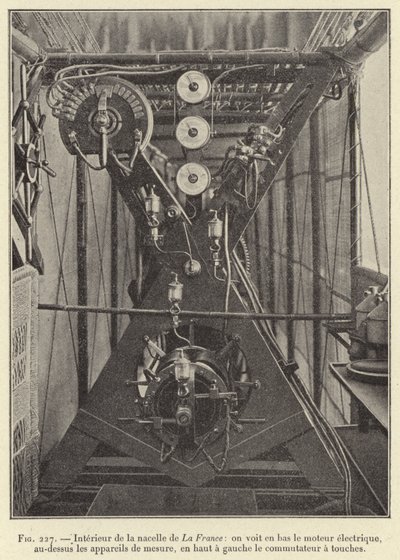A La France gondola belseje: alul a villanymotor, fent a mérőeszközök, balra fent a kulcsos kapcsoló (gravírozás) alkotó: French School