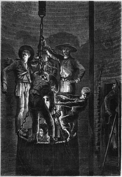 Szénbánya kút belső megjelenése: a szeméttároló felemelkedése. 1861. Metszet a „” Le Monde Illustré”” 238. számában, november 2. alkotó: French School
