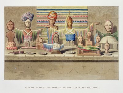 Egy Spirit House belseje, Offak kikötője, Waigiou sziget, a világ körüli utazásból, amelyet a király parancsa hajt végre Őfelsége La Coquille-én, 1822, 1823, 1824 és 1825 során, alkotó: French School