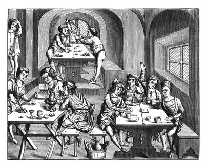 Egy szálló belseje, egy fametszet nyomán Vergilius fólió kiadásában, Lyons, 1517 alkotó: French School