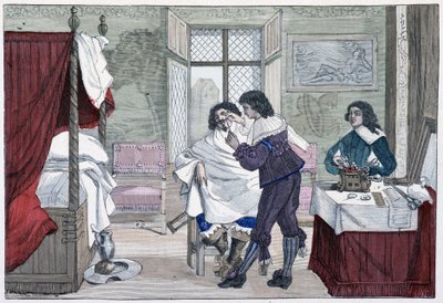 Egy borbély házának belseje a 17. században - „Párizsban az évszázadokon keresztül” alkotó: French School