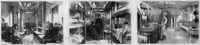 A francia Societe de secours aux wesses militaires egészségügyi vonatának mentőkocsijának és konyhai kocsijának belső képe. Metszet a „” Le Monde Illustré”” 846. számában, 1873. június 28. alkotó: French School
