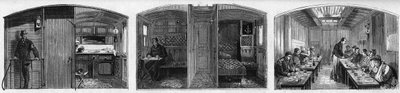 A francia Societe de secours aux wesses militaires egészségügyi vonatának orvosi kocsijának és refektóriumi kocsijának belső képe. Metszet a „” Le Monde Illustré”” 846. számában, 1873. június 28. alkotó: French School