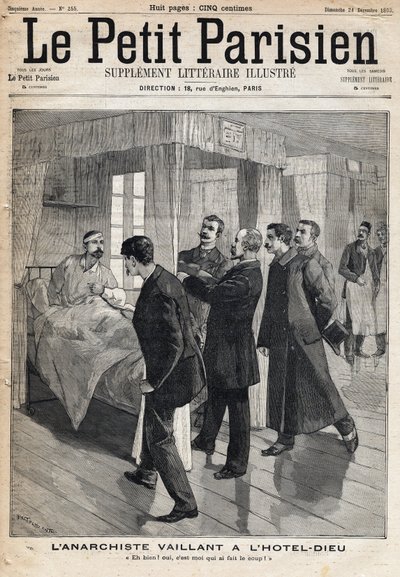 Auguste Vaillant (1861-1894) anarchista kihallgatása a Hotel dieu-ban, aki beismeri a december 9-én elkövetett támadást. alkotó: French School