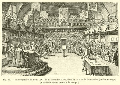 Lajos kihallgatása 1792. december 26-án a Salle de la Conventionben, egykori lovarda, fakszimile egy akkori metszetről alkotó: French School