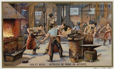 Vas és acél. Egy forgalmas kovácsműhely belseje (chromolitho) alkotó: French School