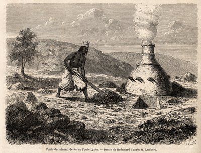 Vasércolvasztás a szenegáli Fouta Djalonban, Hadamard rajza, Lambert hadnagy 1860-as Fouta Djalon-i utazásának illusztrálására. Metszet a "Le tour du monde" 1861-es számában. Selva gyűjteménye. alkotó: French School