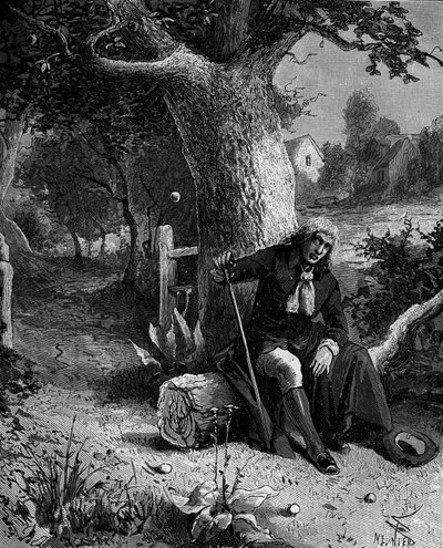 Isaac Newton (1642-1727), angol matematikus és csillagász, aki a woolsthorpe-i almafáról leeső almán keresztül fedezi fel a föld gravitációjának fogalmát. alkotó: French School