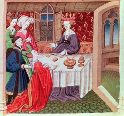 Isolde Guinevere királynőtől könyörög védelemért, Roman du Chevalier Tristan alkotó: French School