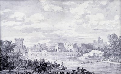 Olasz vidék: 1796-ban a francia hadsereg a Mincio folyón át Borghetto felé haladt. Névtelen rajz. Párizs, Louvre Múzeum alkotó: French School