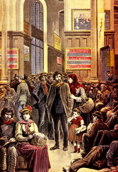 Olasz emigránsok Párizsban a Gare Saint Lazare pályaudvaron 1896 márciusában (metszet) alkotó: French School