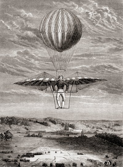 Jacob Degen 1808-as ornitoptere szárnyszelepekkel, amelyben a pilóta egy merev vázon állt, és a szárnyakat egy mozgatható vízszintes rúddal működtette, a "Les Merveilles de la Science" című, 1870 körül kiadott műből (litográfia). alkotó: French School
