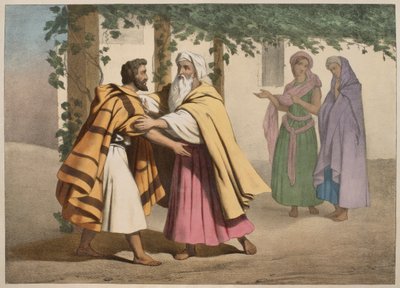 Jákob Lábánnal és lányaival, illusztráció az LHistoire Sainte katekizmusból, Charles Delagrave kiadó, Párizs, 19. század vége alkotó: French School
