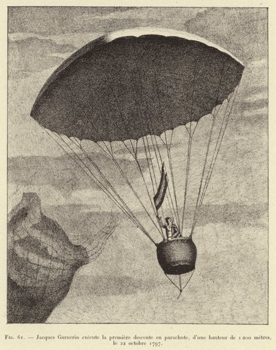 Jacques Garnerin végrehajtja az első ejtőernyős ereszkedést, 1000 méter magasból, 1797. október 22-én alkotó: French School
