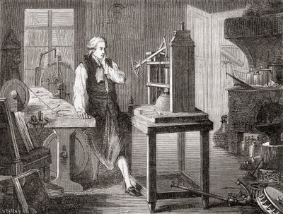 James Watt a glasgow-i műhelyében Thomas Newcomen 1712-es Newcomen gőzgépén javított Watt gőzgépével 1781-ben, a Les Merveilles de la Science, pub.1870. alkotó: French School
