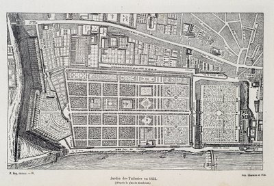 Jardin des Tuileries 1652-ben (Gomboust terve után) - „Párizsban az évszázadokon keresztül”, H. Gourdon de Genouillac, szerk. F. Roy, Párizs alkotó: French School