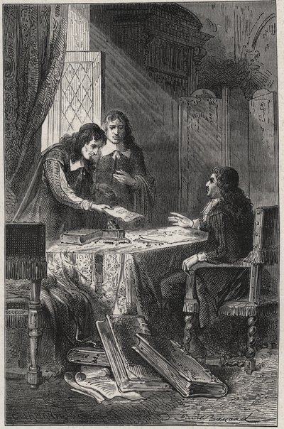 Jean Chapelain (1595-1674) francia költő és irodalomkritikus, valamint Pierre Costar (1603-1660) átadta Jean Baptiste Colbert (1619-1683) azoknak az íróknak a névsorát, akik megérdemlik, hogy a király nyugdíjas legyen – a „Les Hommes Celebres de la” vésett alkotó: French School