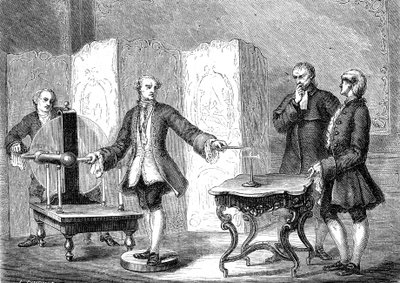 Jean JALLABERT (1712-1768), svájci fizikus elektrolitot fedez fel éles tárgyakon (FRANKLIN: Power of the Pointe). metszet 1867 alkotó: French School