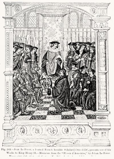 Jean le Feron (1504-70) bemutatja egyik művét II. Henrik királynak (1519-89) a Blason dArmoires-ból, Jean le Feron, illusztrációja a Tudomány és irodalom a középkorban és a reneszánsz írásból. alkotó: French School