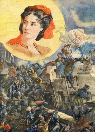 Jeanne Laisne (1456-?), Jeanne Fourquet néven ismert, Jeanne Hachette beceneve Heroine francaise - Jeanne Hachette Beauvais ostrománál 1472 - Illusztráció a Le petit Journal számára, 1894. január 8. alkotó: French School