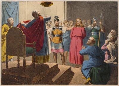 Jézus Krisztus Kaifás előtt, illusztráció egy LHistoire Sainte katekizmusból, Charles Delagrave, Párizs, 19. század vége alkotó: French School