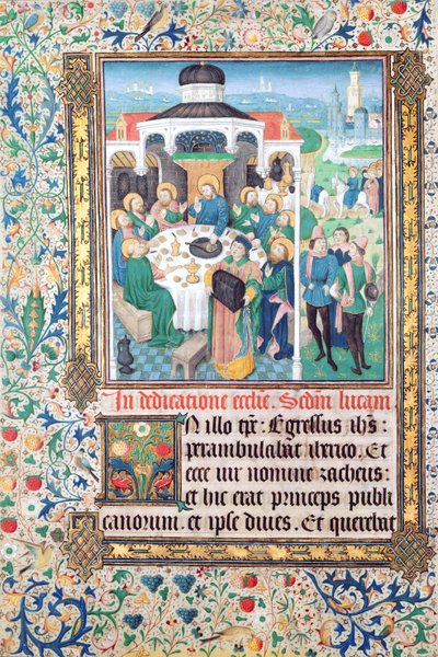 Jézus a vámszedő házában evett, Zakeus és a belépés Jeruzsálembe, miniatúrák Lukács evangéliumából alkotó: French School