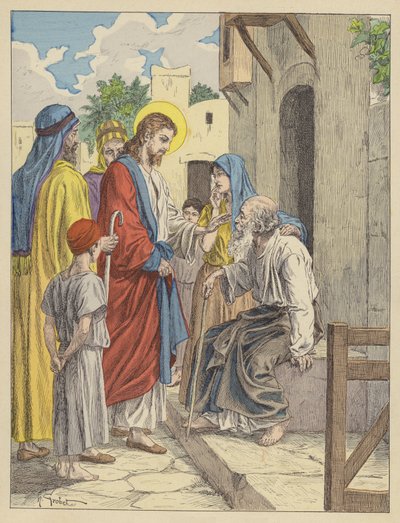Jézus meggyógyítja a vak embert (színes litográfia) alkotó: French School
