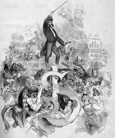 Johann Strauss, a fiatal (1825-1899), hegedűs a párizsi operában tartott álarcos bál során alkotó: French School