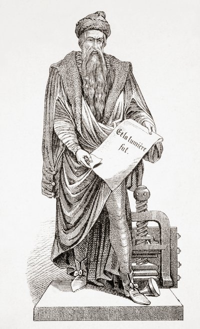 Johannes Gutenberg, az ókori és újkori egyetemes történelemből, megjelent Strasbourgban 1860 körül (metszet) alkotó: French School