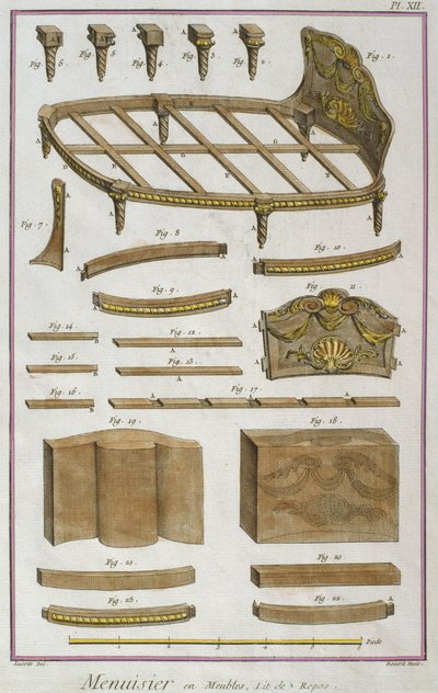 Asztalos, heverő, Denis Diderot (1713-84) Encyclopedie des Sciences et Metiers illusztrációja, Robert Benard (fl.1734) metszete, 1770 körül megjelent (színes metszet) alkotó: French School