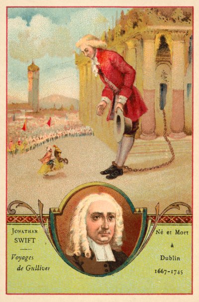 Jonathan Swift ír író és egy jelenet Gulliver utazásai című regényéből (chromolitho) alkotó: French School