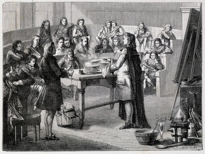 Joseph Black (1728-1799), brit kémikus és fizikus, a Glascow Egyetem hallgatói előtt tapasztalja meg a látens kalóriát alkotó: French School