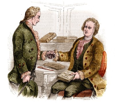 Joseph de Maistre (1753-1821), francia politikus, író és filozófus, valamint Xavier de Maistre gróf (1763-1852), francia tiszt és író az „Utazás a szobám körül” című könyv első példányával. Erdőrajz. Metszet 1852-ből. alkotó: French School