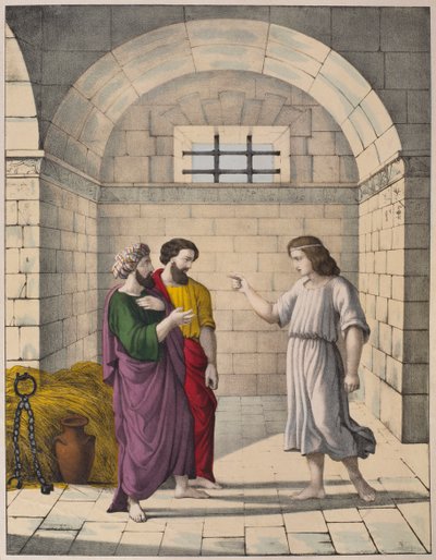 József a börtönben a főpék és a főkomornyik álmait magyarázza, illusztráció az LHistoire Sainte katekizmusból, Charles Delagrave kiadása, Párizs, 19. század vége alkotó: French School