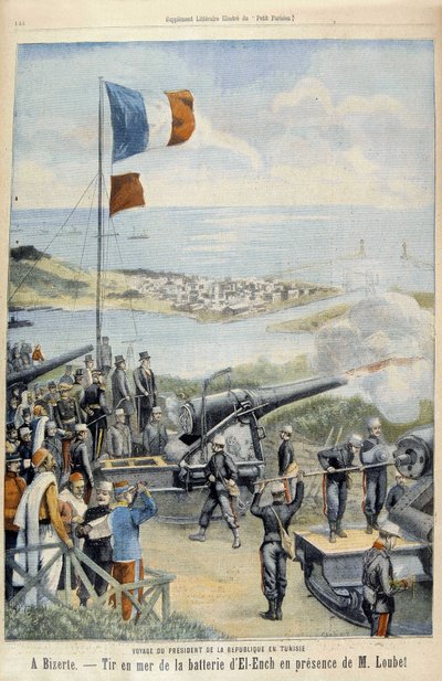 A köztársasági elnök utazása Tunéziába: Bizertébe, lövöldözés a tengeren az El-Ench ütegből Loubet úr jelenlétében - a „Le Peute Parisien”-ben, 1903.05.03. alkotó: French School