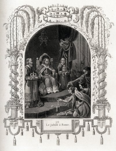 Jubileum Rómában 1450-ben, V. Miklós pápasága idején (1447-1455). Maurice Lachatre (1814-1900), Librairie du progress, Párizs, Histoire des Popes című metszete. alkotó: French School