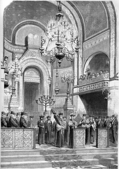 Judaizmus: Zadoc Kahn (1839-1905) párizsi főrabbi ünnepélyes fogadása a Notre Dame de Nazareth zsinagógában, 1869. január 13-án. A főrabbi az „Imádság a császárért” kifejezést hangoztatta. Metszet a ""The Illustrious World"" 615. számban, 23 ja alkotó: French School