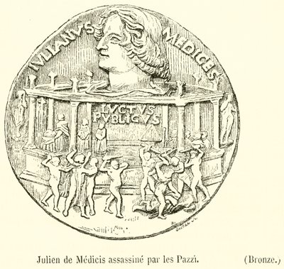 Giuliano de Medicit meggyilkolták a pazzik, bronz (metszet) alkotó: French School