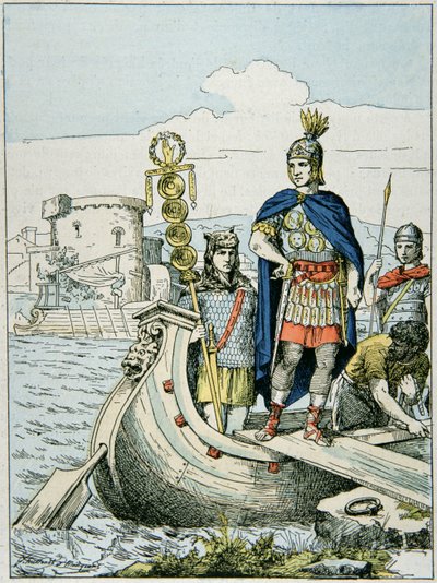 Julius Caesar meg akarja büntetni azokat a kalózokat, akik váltságdíjért tartották fogva (színes litho) alkotó: French School