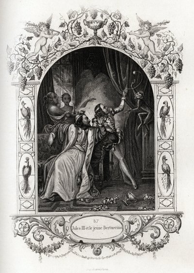 III. Julius (julius vagy Iulius vagy Giulio) (pápa 1550-től 1555-ig) és a fiatal Bertuccino, a majombemutató. Maurice Lachatre (1814-1900), Librairie du progress, Párizs, Histoire des Popes című metszete. alkotó: French School