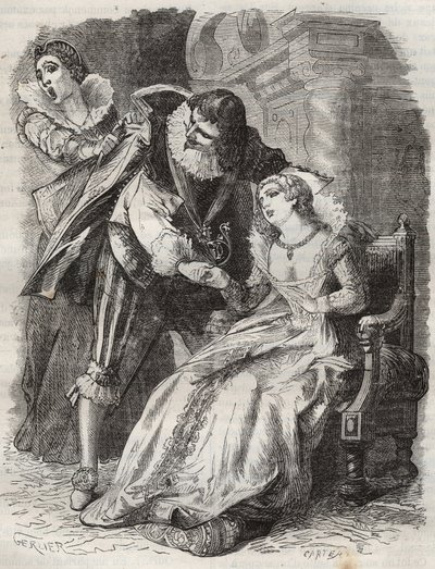 Dühösként ugrálva, kabátjánál fogva a herceget... Ausztria Anna francia királynő (1601-1666) és Buckingham hercege (George Villiers) alkotó: French School