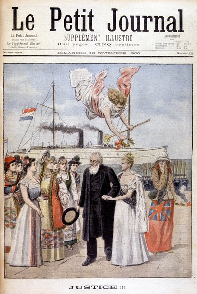 Igazságszolgáltatás! : Kruger elnök eljön, hogy népe ügyét képviselje Hollandiában, Vilmos királynőhöz – az 1900. december 16-i „Le Petit Journal”-ban (metszet) alkotó: French School