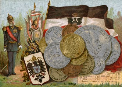 I. Vilmos császár a Porosz Királyság zászlaja és a német német márkák kijelzője mellett áll, 1890 körül alkotó: French School