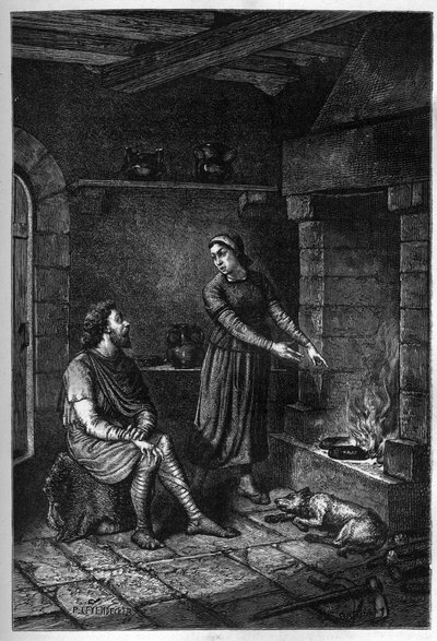 Nagy Alfréd király (849-899) elfelejti a dán ház által készített süteményeket a tetője alatt Athelneyben, és elégeti őket, 878 (metszet) alkotó: French School