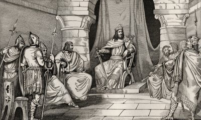 Charibert király (521-67) tanácsban a magisztrátusokkal, Colart „Histoire de France” c. 1840 alkotó: French School