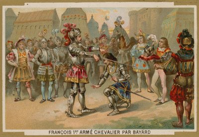I. Károly francia királyt Chevalier de Bayard lovaggá ütötte az 1515-ös marignánói csata után alkotó: French School