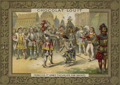 I. Károly francia királyt Chevalier de Bayard lovaggá ütötte az 1515-ös marignánói csata után alkotó: French School