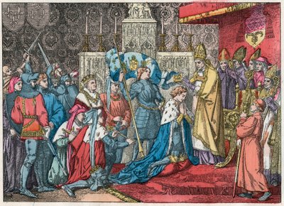 VII. Károly király (1403-1461) átveszi a koronát a reimsi székesegyházban 1429. július 17-én Jeanne d
